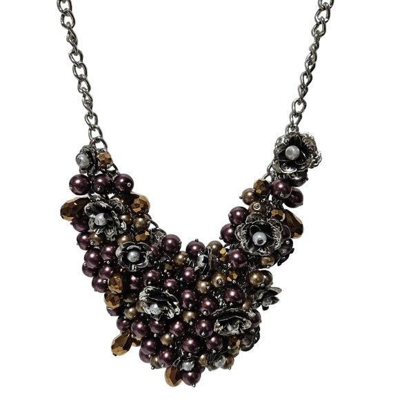 Elegant Chunky Bib Necklace Floral Cluster Faux Pearl Beads Fashion Jewelry - Picture 1 of 7
